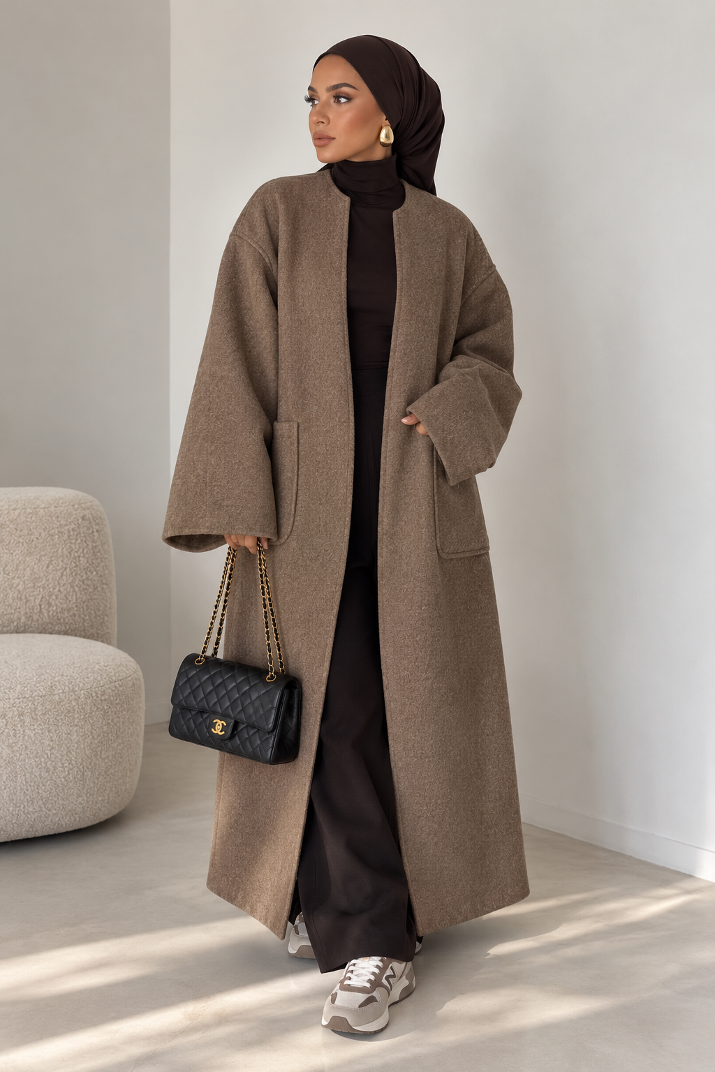 Manteau long col rond